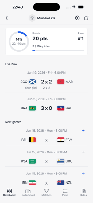 Palpite PRO pool dashboard with points, upcoming matches, and next games to predict